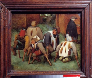 The Beggars. Groups of disabled people, dead people and miserable people. Painting by Pieter Bruegel (or Breugel or Brueghel or Breughel) the Elder (1525-1569). 1568. Dimensions: 0,18x0,21 m. Louvre Museum, Paris