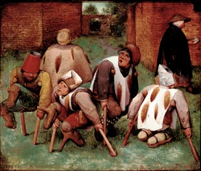Group of disabled figures, leg amputees. Painting by Pieter Bruegel the Elder (1525-1569), 1568. 18.5 x 21.5 cm, Paris, Musée du Louvre