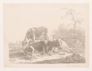 Three Cows in a Meadow by a Fence