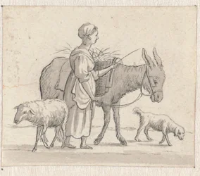 Woman with Donkey, Sheep, and Dog
