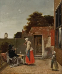 Courtyard with a Man Smoking and a Woman Drinking