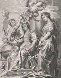 Allegory of Good Government, seated at center and being crowned by a putto and a woman