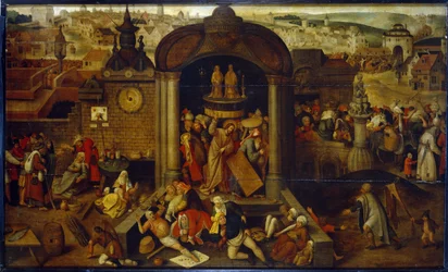 Christ Driving the Money Lender from the Temple. With scenes of the Passion of Christ in the background, in front of the city panorama. Painting by a Dutch artist influenced by Hieronymus (Jerome) Bosch