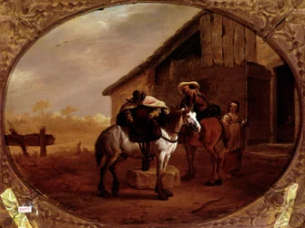 Departure from the Inn. Two horsemen ride on their horses after a stop in an inn. Painting by Pieter Van Laer dit Bamboccio (1592/5-1642)