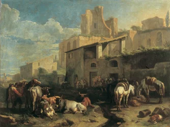 Travellers and Various Animals Stop in Front of a Tavern with Roman Ruins in the Background