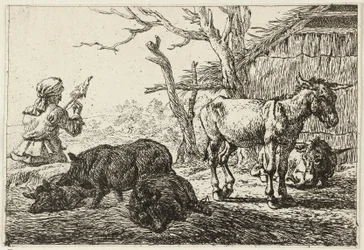 Swines and Donkeys at a Stable, to the Left a Woman-Spinner