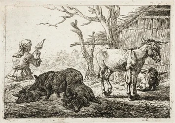 Swines and Donkeys at a Stable, to the Left a Woman-Spinner