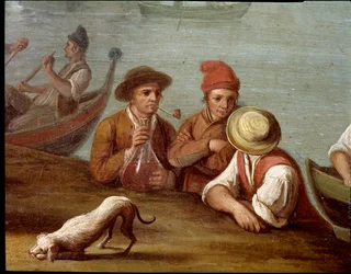 Banquet Scene in Posillipo (Pausilippe), Naples, detail with fishermen - Banquet in Posillipo - detail with fishermen. Pietro Fabris. 18th century. Museo Nazionale di San Martino, Naples