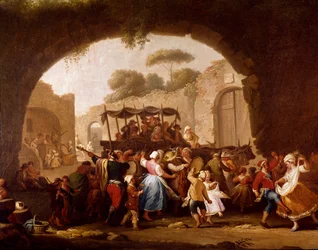 Dance scene and popular festival in Naples, detail. Tarantella dancers (tarantella, tarantella). Pietro Fabris (active between 1763 and 1776), 18th century, Naples, Museo Nazionale di San Martino