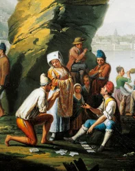 Scene of everyday life in Posillipo cave, men playing cards, by Pietro Fabris