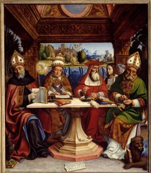 The four doctors of the Church with the symbols of the four evangelists: Saint Augustine with an eagle, Saint Gregory the Great with an ox, Saint Jerome with an angel and Saint Ambrose with a winged lion