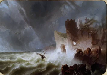 Lone Shore. Marine Landscape with Ship Caught in the Storm and Crashed on the Cliffs. Painting by Pietro Giuria