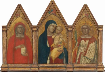 Madonna and Child with the Blessing Christ, and Saints Mary Magdalene and Catherine of Alexandria with Angels (entire triptych)