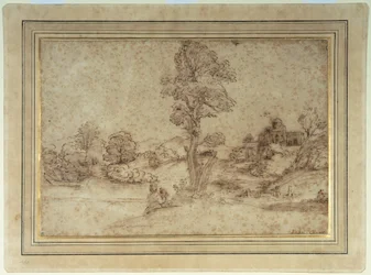 Landscape with a lake and buildings, a mother and child seated by a tree