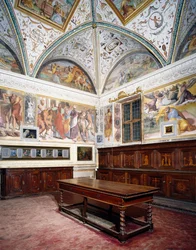 Glimpse of sacristy with Perugino panels, Basilica of Saint Peter, Perugia, Umbria, Italy