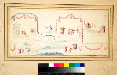 Aphrodite swimming with numerous putti around her