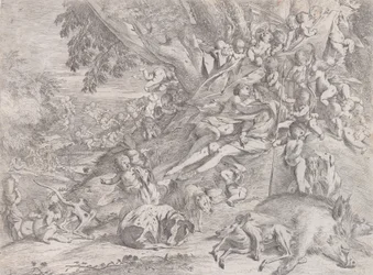 Venus and Adonis, surrounded by many putti, reclining after the hunt, with a dead boar, 1631-37