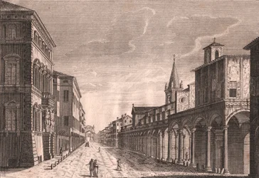 View of the Strada Maggiore in Bologna, Emilia-Romagna, Italy, Copper Engraving by C Lambertini after a Drawing by Pio Panfili