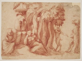 Three Nymphs in a Grove Spied Upon by Three Satyrs