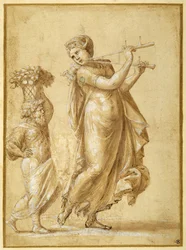 Woman Playing the Flute, Accompanied by a Canephoric Bearded Dwarf