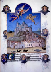 View of Mont Saint Michel: the archangel Saint Michel and the dragon wing fighting in the air
