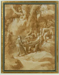 Entombment. Black stone, brush and brown wash, white highlights on beige paper