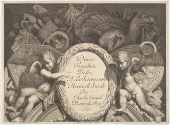 Title page of Divers Trophées Weapon Trophies after the Façade of Palazzo Milesi in Rome, 1651