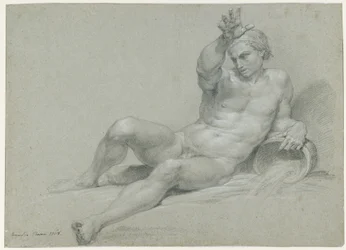 Nude Study of a Reclining Male Model, Right Arm Raised, in the Pose of an Ancient River God, Viewed from the Left