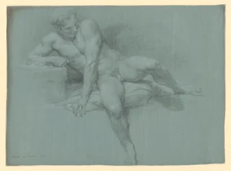 Nude study of a reclining male model, supporting himself with his left arm in front of his body