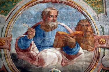 The Convent of Christ. Interior of the Round Church decorated with late Gothic painting and sculpture. St Mark the Evangelist. Tomar. Portugal.