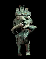 Pre-Columbian art, Vicús culture (Peru): bronze statuette representing a musician. About 200 A.D. Lima, Gold Museum, Peru