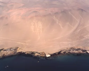 Aerial view of the Paracas Candelabra or the Candelabra of the Andes, at Pisco Bay