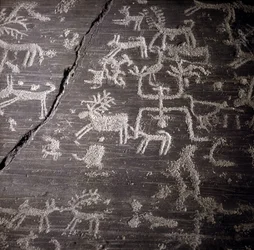 Civilization of the Camunni, Prehistory, rock art: grave rock, details of the great rock of Naquane, in Valcamonica. Museo archeologico de Milan