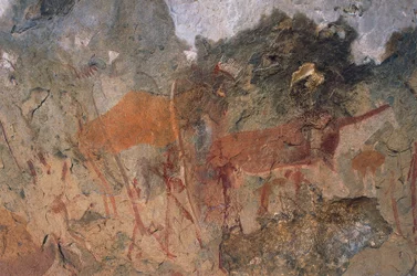 Human and animal figures, bushmen or san cave paintings, Maloti-Drakensberg Park (Unesco World Heritage List), Lesotho