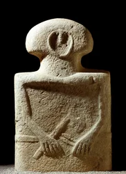 Prehistoric art: statue of a human figure sculpted during the Iron Age from the site of Lunigiana near La Spezia, Italy. La Spezia, Museo Comunale della Civilta Lunigiana