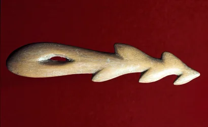 Prehistory: bone harpoon used for fishing. Magdalenian culture, Upper Paleolithic. Verona, Museo Civico di Storia Naturale