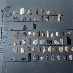 Prehistory, Pontiniano culture: stones and flint (lithic production) from the Cave of Moscerini, Lazio. Stone Age. Upper Paleolithic. Rome, Museo Nazionale Preistorico Etnografico Luigi Pigorini