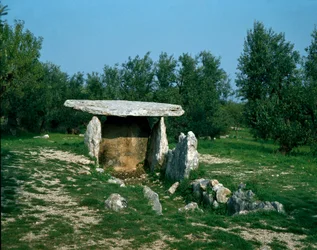 View of the dolmen of Chianca with its entrance corridor. Stone Age, Neolithic. 6th-3rd century BC. Bisceglie, Puglia, Italy