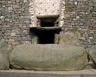 View of the entrance of prehistoric monument in Newgrange, 3200 BC