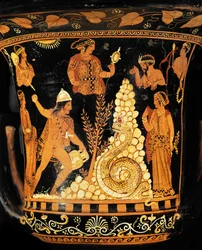 Red-Figured Crater: King Cadmos, an Amphora in One Hand, Throws Stones at the Dragon