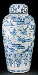 One of a pair of blue and white soldier vases