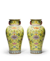 Pair of Yellow Ground Famille Rose Vases