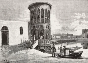 A Moorish small tower hosting the club of the Italian officers, Massawa, Eritrea, engraving from a drawing by Quinto Cenni and a sketch by Pieragostini, from L