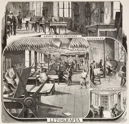 Fratelli Treves Publishing House: Draughtsmen Study, Carpentry, Cleaning Lithographic Stones, Lithography, Milan, Italy