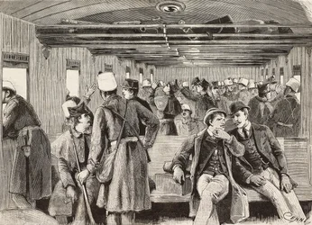 Italian soldiers on train bound for Naples, Italy, second Italian expedition in Red Sea, engraving from drawing by Quinto Cenni and sketch by M Dal Don, from L