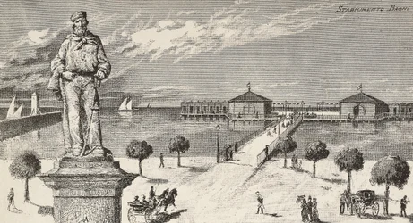 Monument in memory of Giuseppe Garibaldi, Italian politician and patriot, and bathing establishment in the background, Cesenatico, Italy
