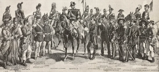 Piedmontese army in 1859: infantrymen, artillerymen, engineers, grenadiers, officers, generals, spearmen, cavalrymen, rifleman