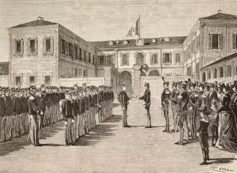 Prince Vittorio Emanuele, Count of Turin, gives degrees to cadets of military academy of Milano, Italy, March 14