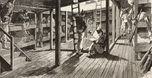 Soldiers below deck in dormitory, ship Principe Amedeo, Italian expedition in Red Sea