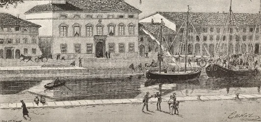 The town hall and the harbor canal, Cesenatico, Italy, engraving from a drawing by Quinto Cenni and a sketch by Ulisse Topi, from L